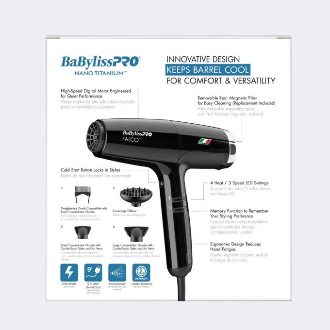 BaBylissPRO® Nano Titanium™ Professional Italian High-Speed Falco Dryer (Black)